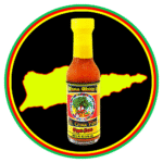 A bottle of hot sauce with a vibrant label and yellow cap, set against an island silhouette.