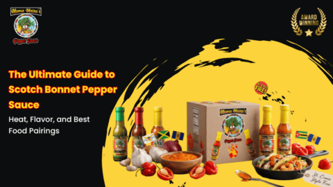 Scotch bonnet pepper sauce Caribbean hot sauce in glass bottle