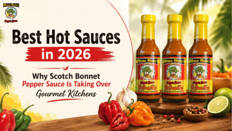 Mama Maisa’s St. Croix Fire Scotch Bonnet Pepper Sauce gourmet Caribbean hot sauce bottle with grilled wings and tacos
