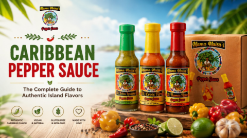 Authentic Caribbean Pepper Sauce made with Scotch Bonnet peppers, garlic, mustard, curry, and lime by Mama Maisa's Pepper Sauce.