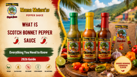 Bottle of Mama Maisa's Scotch Bonnet Pepper Sauce beside Caribbean-inspired meal