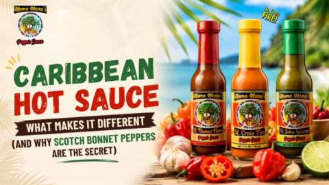 Authentic Caribbean hot sauce with Scotch Bonnet peppers beside grilled chicken